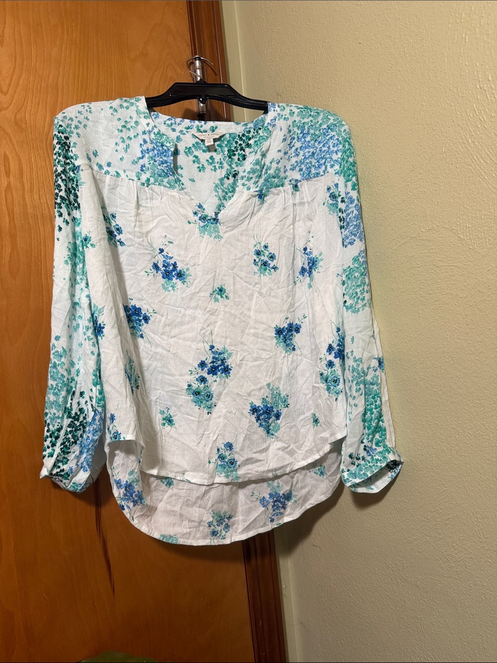 Lucky Brand White Blouse with Blue & Teal Floral Print